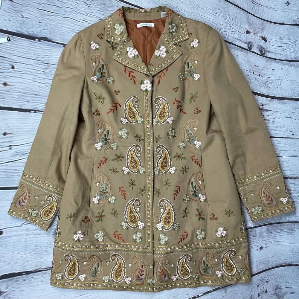 COLDWATER CREEK boho paisley floral embroidered tan coat jacket, size 14 - Picture 11 of 16